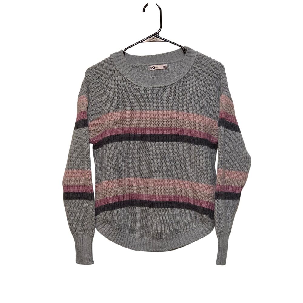 SO Medium Gray Crewneck Sweater with Pink and Dark Gray Stripes